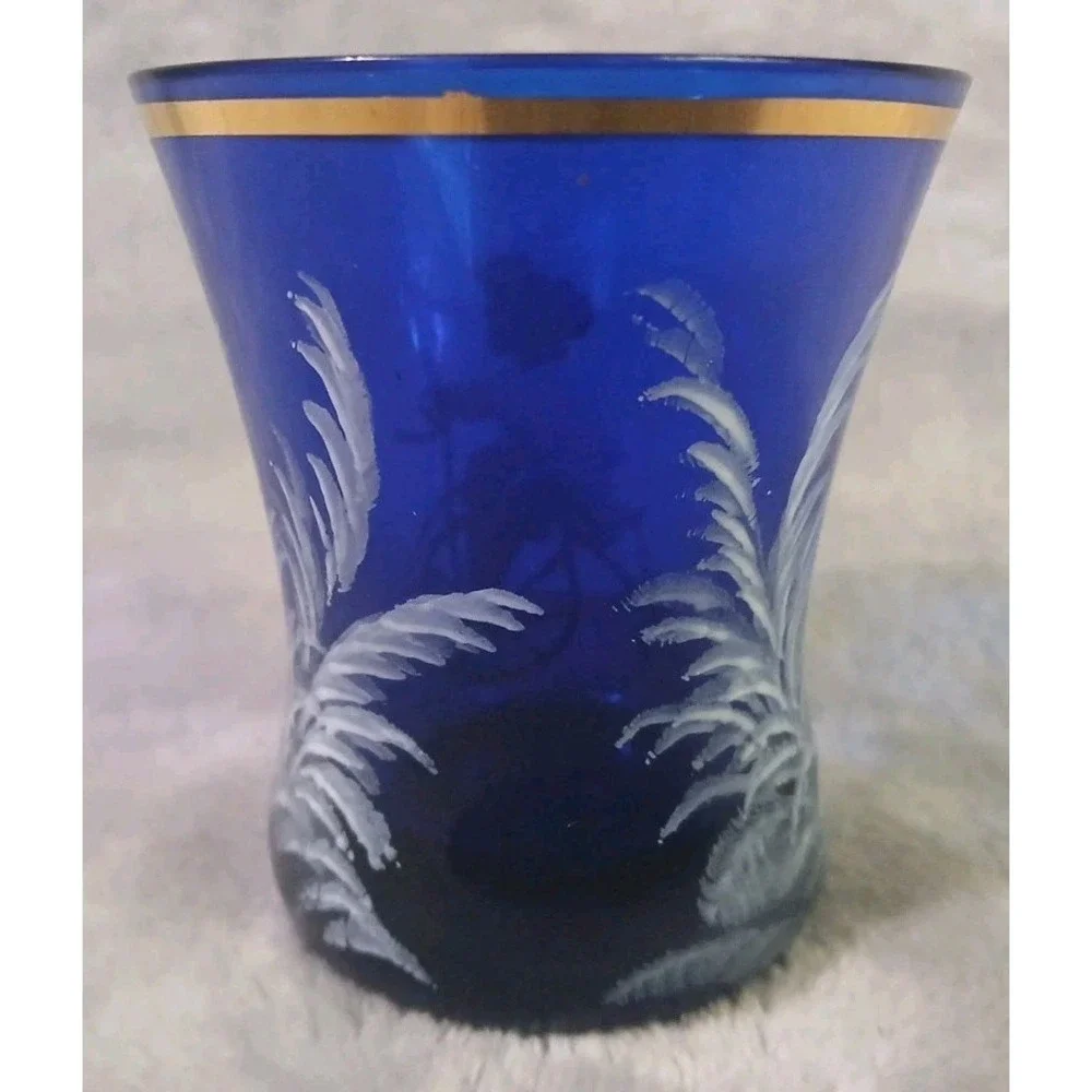 Vtg Mary Gregory Toothpick Holder Cobalt Blue Glass Child Bicycle Hand Painted‎
